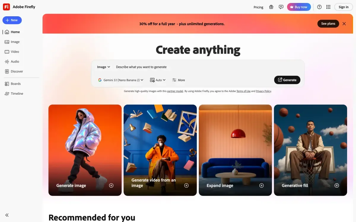 Adobe Firefly homepage showing AI creative studio with image generation tools