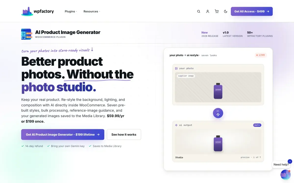 AI Product Image Generator for WooCommerce plugin page on WPFactory