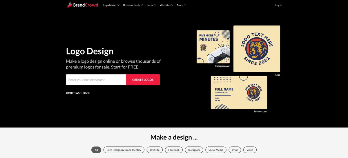 BrandCrowd logo maker with professionally designed templates for various industries and startup styles