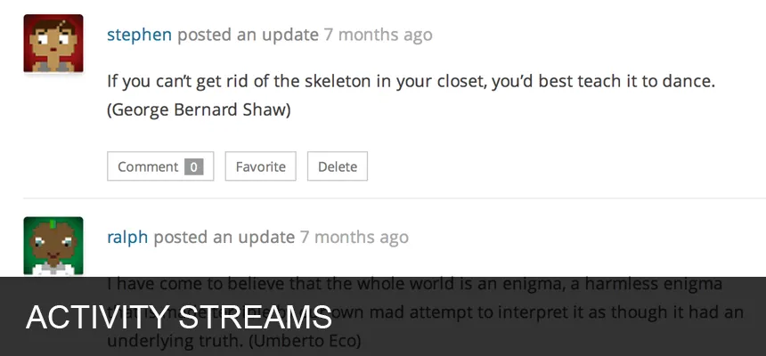 BuddyPress plugin showing member activity stream and community features on a WordPress site