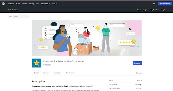 Customer Reviews for WooCommerce plugin showing review request email template and settings