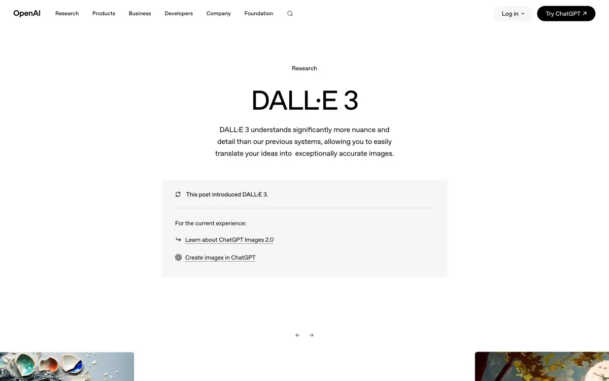 DALL-E 3 homepage showing text-to-image generation with AI-created visuals