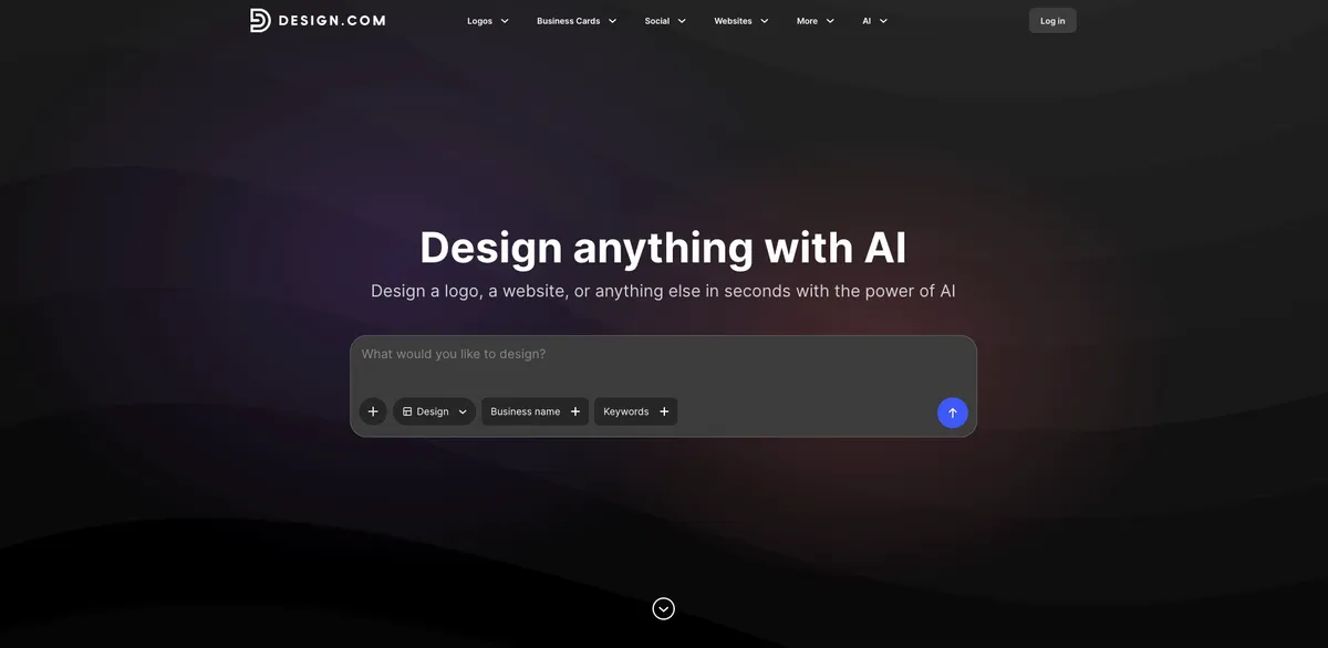 Design.com website builder homepage showing AI-powered website generation with templates and brand kit tools
