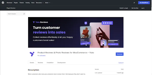 Yuko WordPress review plugin repository page showing features and ratings
