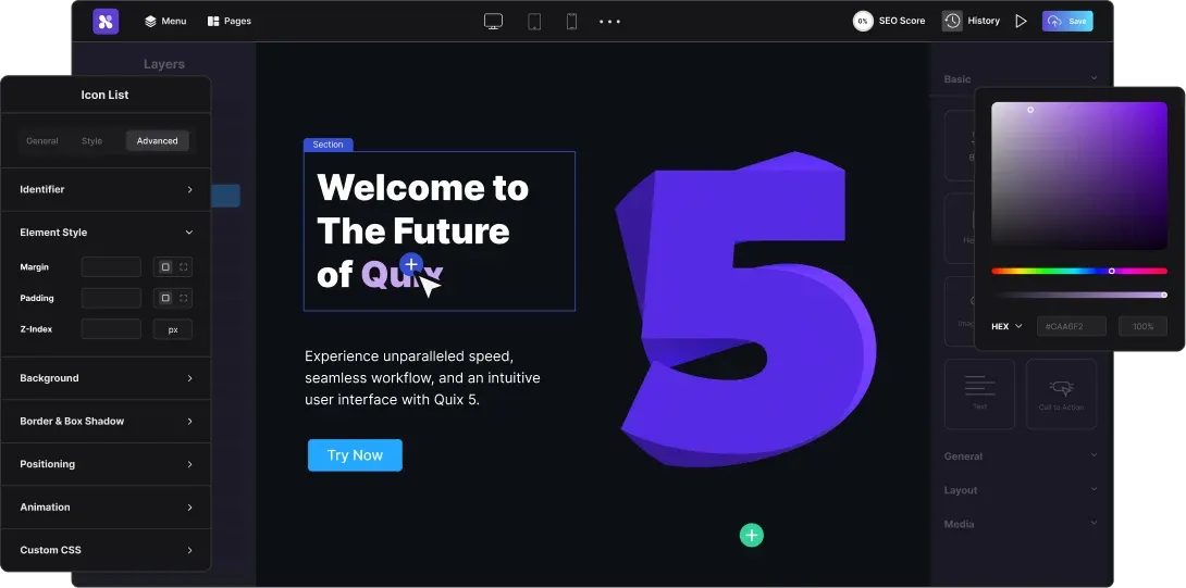 A page being built visually in the Quix editor