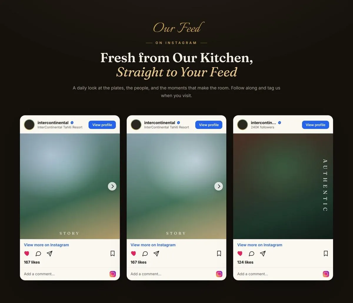 Quix Instagram Feed element editor showing a live Instagram post with theme, layout, and caption settings