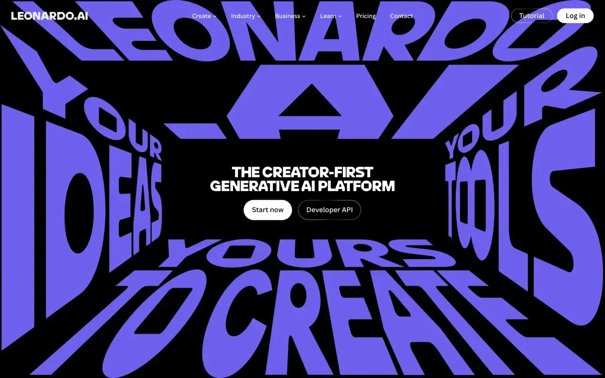 Leonardo AI homepage showing creative AI platform with image generation