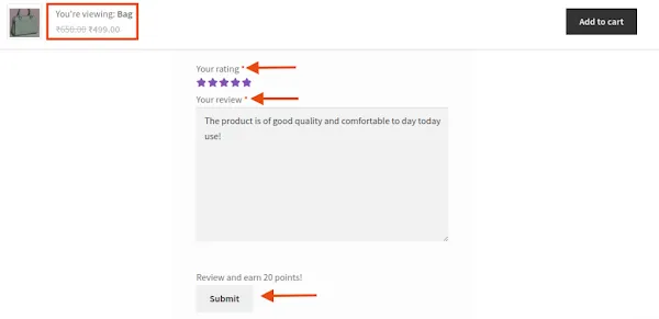 Product review rewards showing points earned for written and photo reviews