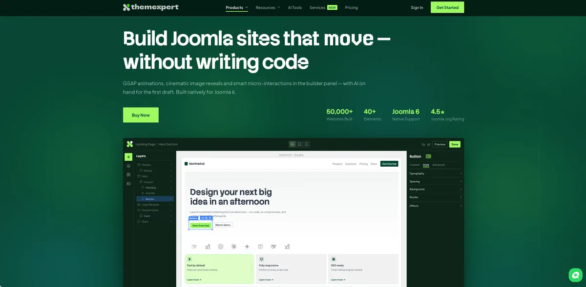 Quix Page Builder drag-and-drop interface for Joomla with visual editor and element panel