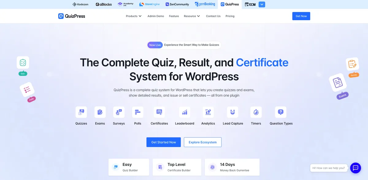 QuizPress WordPress quiz plugin dashboard