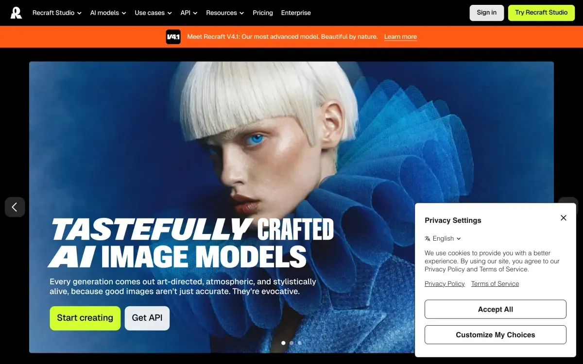 Recraft AI homepage showing design tools for creating on-brand visuals