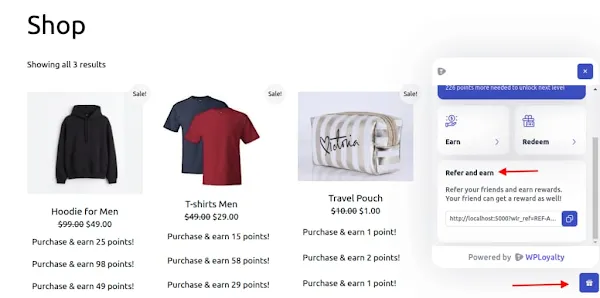 Referral rewards program showing shared links and bonus points for both referrer and new customer