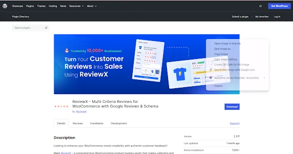 ReviewX plugin showing multi-criteria rating breakdown with quality, delivery, and service scores