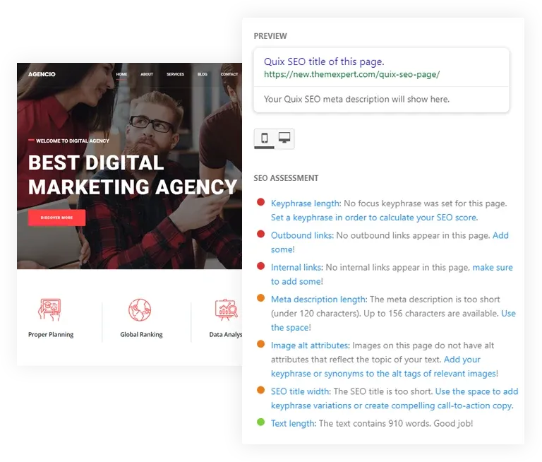 The Quix SEO analyzer listing issues to fix on a page