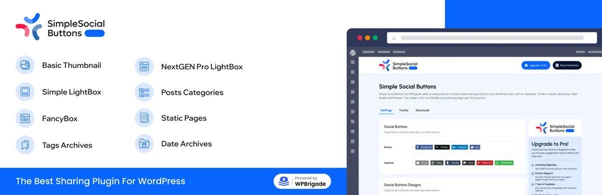 Simple Social Buttons plugin showing social share button placement options on a WordPress post