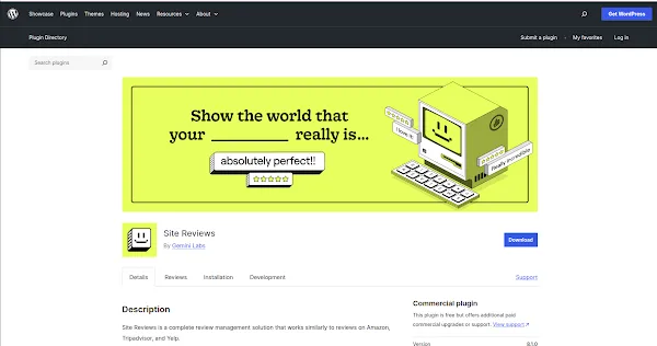 Site Reviews WordPress plugin showing drag-and-drop review form builder and display options