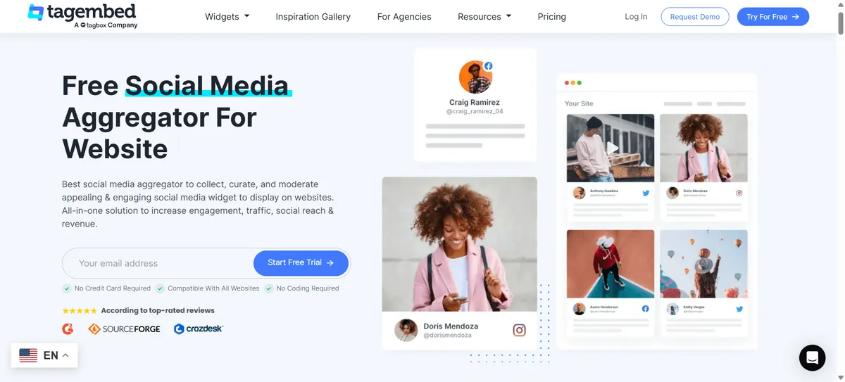 Tagembed social wall plugin showing aggregated social media feed from multiple networks in a grid layout
