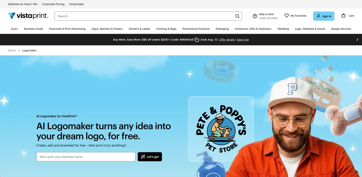 Vistaprint AI logo maker with free vector downloads and branded merchandise options for startups