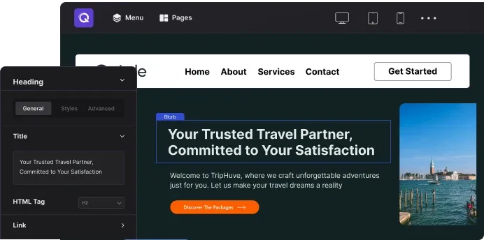 The Quix visual builder editing a page on the front end