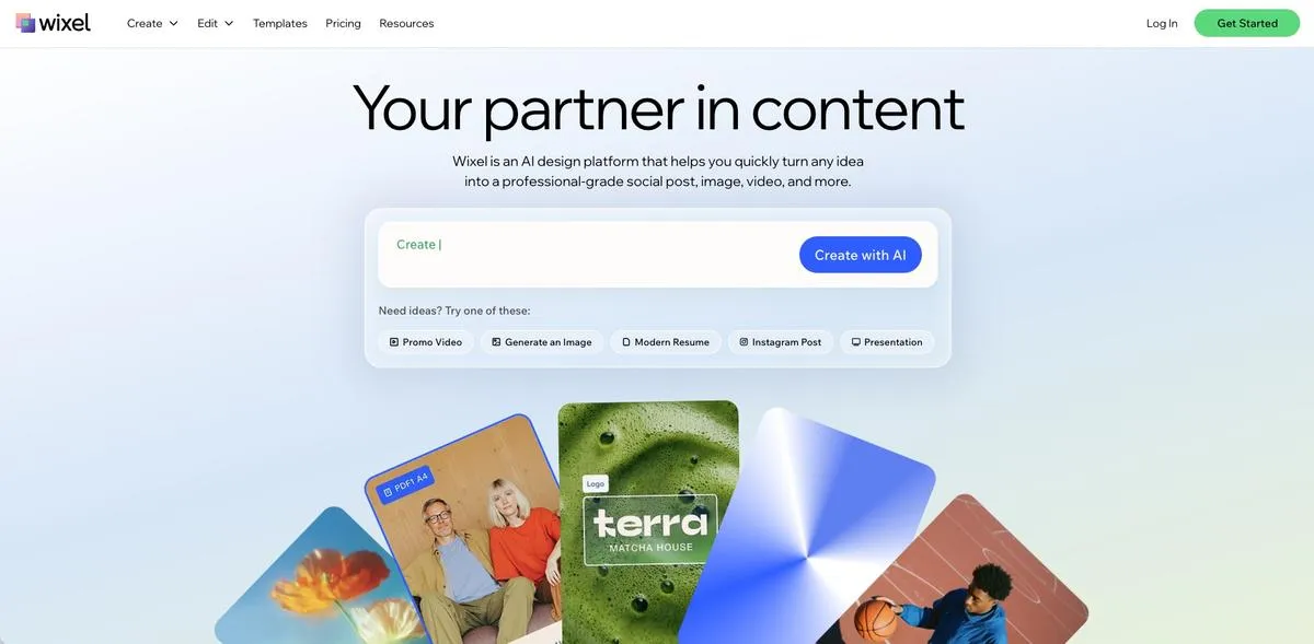 Wixel Wix Logo Maker AI design platform with Aria AI agent generating logo concepts for startups