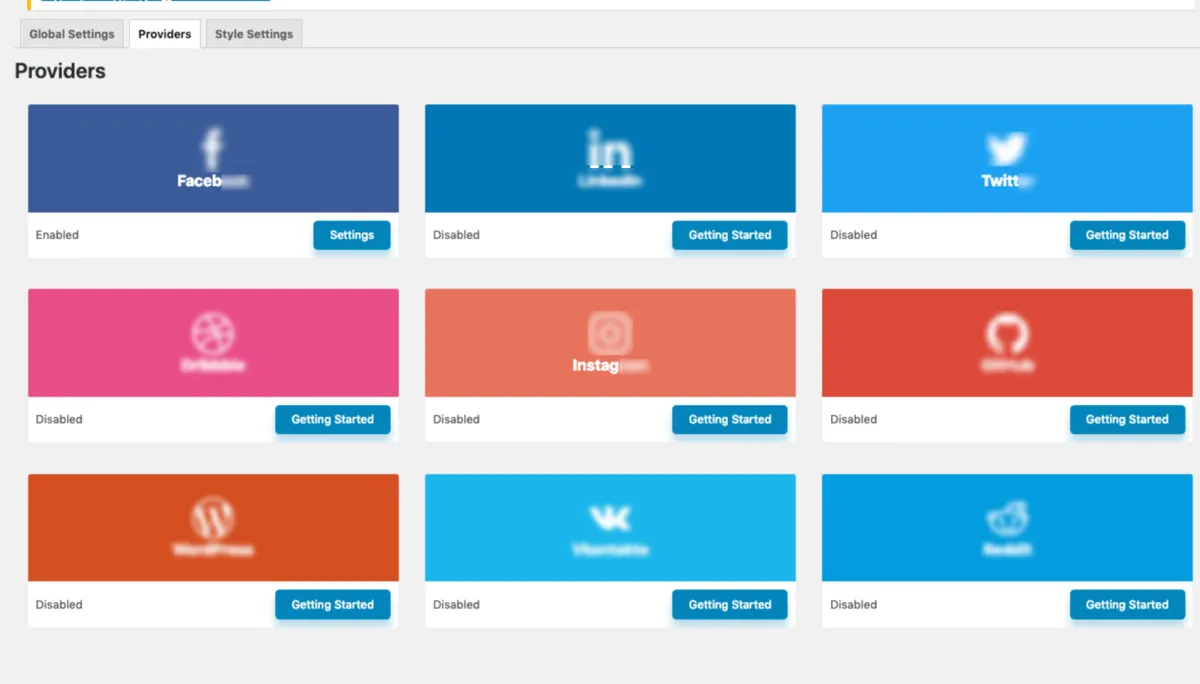WP Social plugin showing social login providers and share button settings in WordPress dashboard