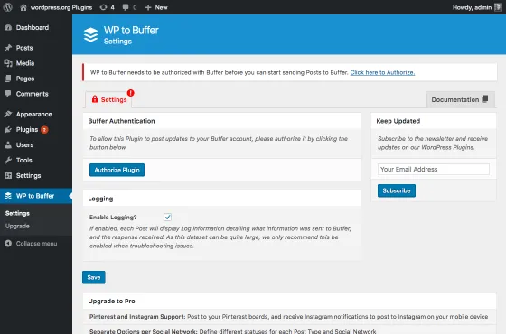 WP to Buffer plugin showing WordPress post editor meta box with Buffer queue options