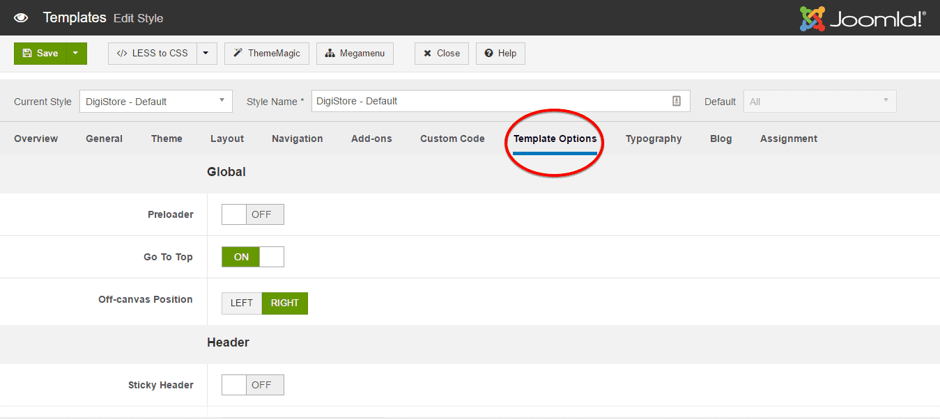 T3 Template Options Settings