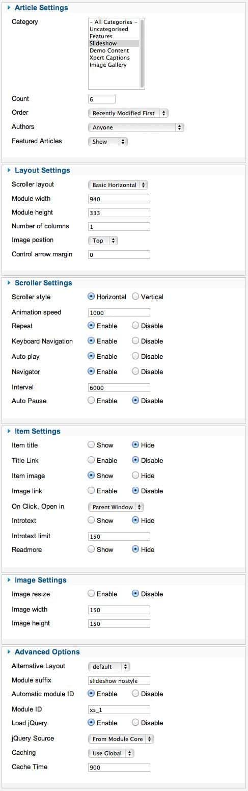 slideshow settings