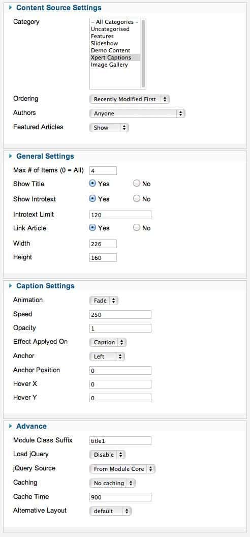 xpert captions settings for featured module