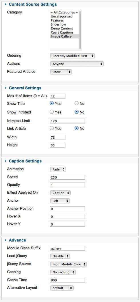 xpertcaptions settings for image gallery