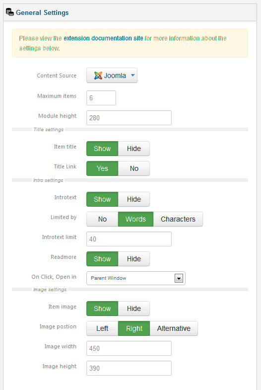 parallax slidersettings