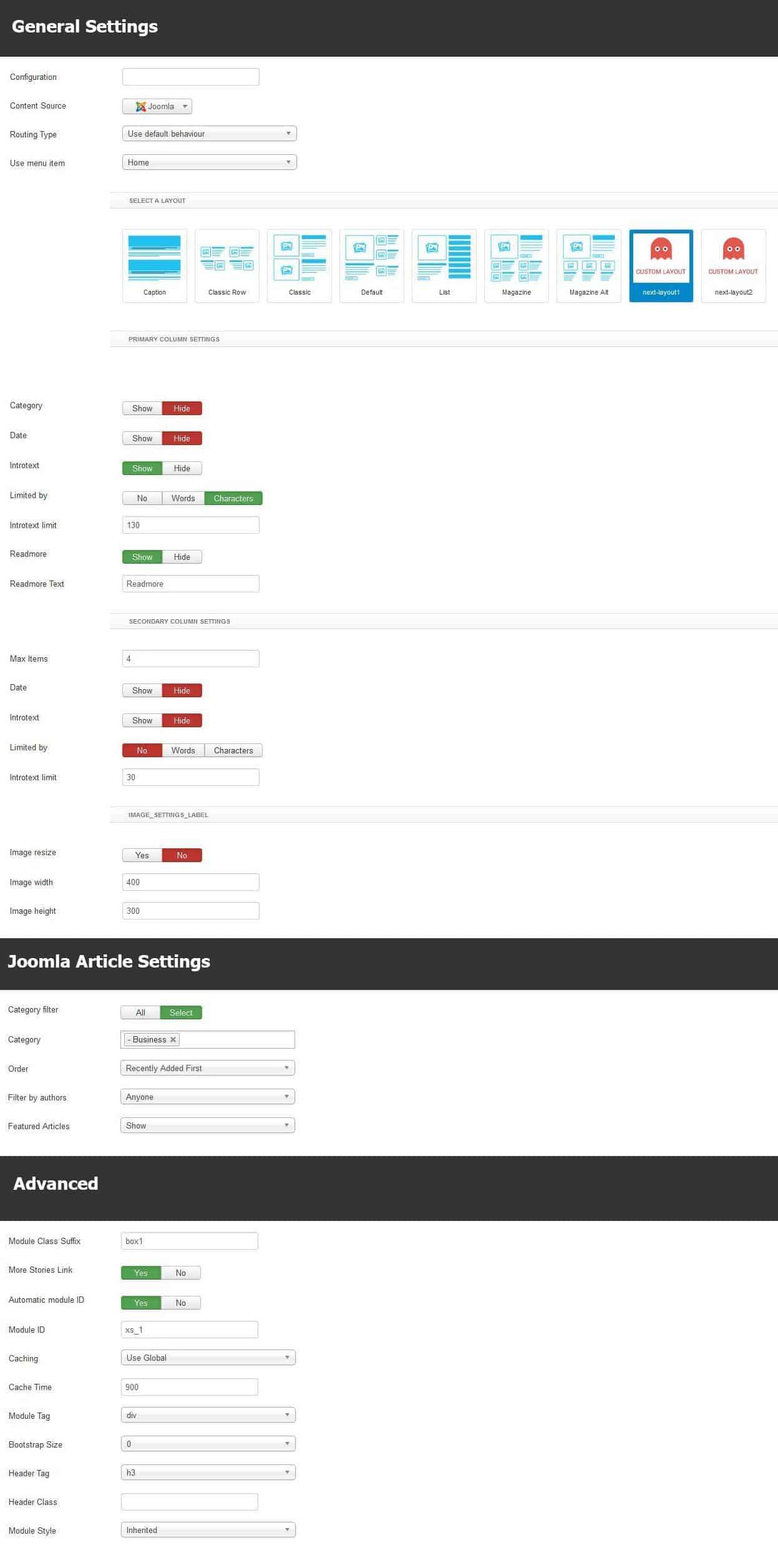 Business module settings