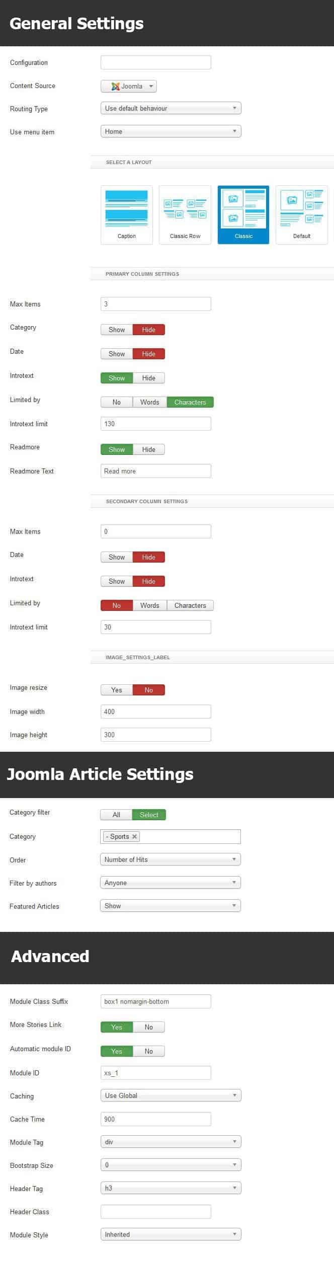 Sports Module settings