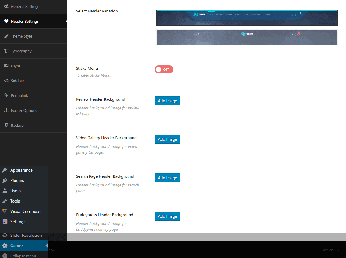 Header Settings