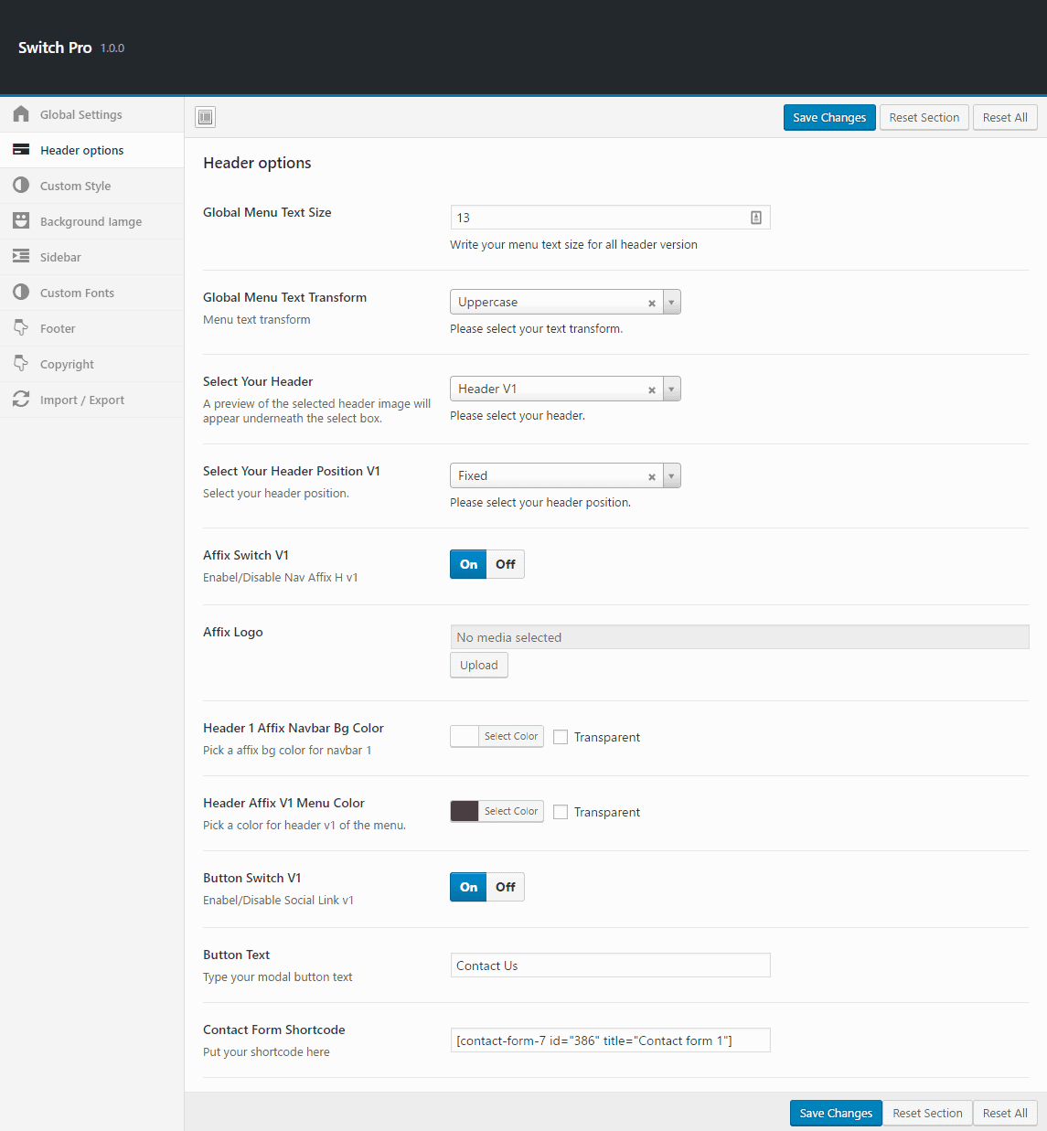 Header Settings