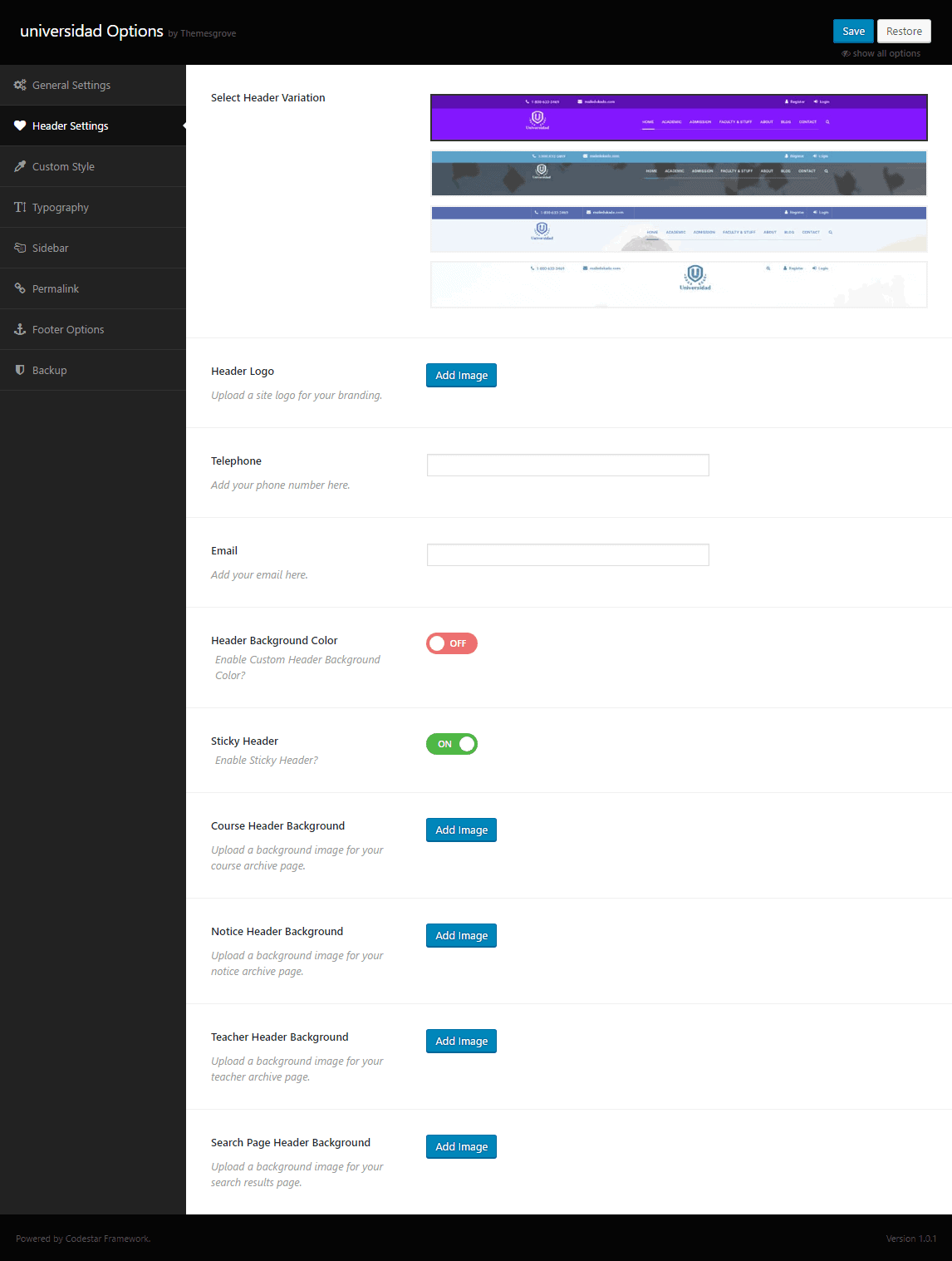 Header Settings