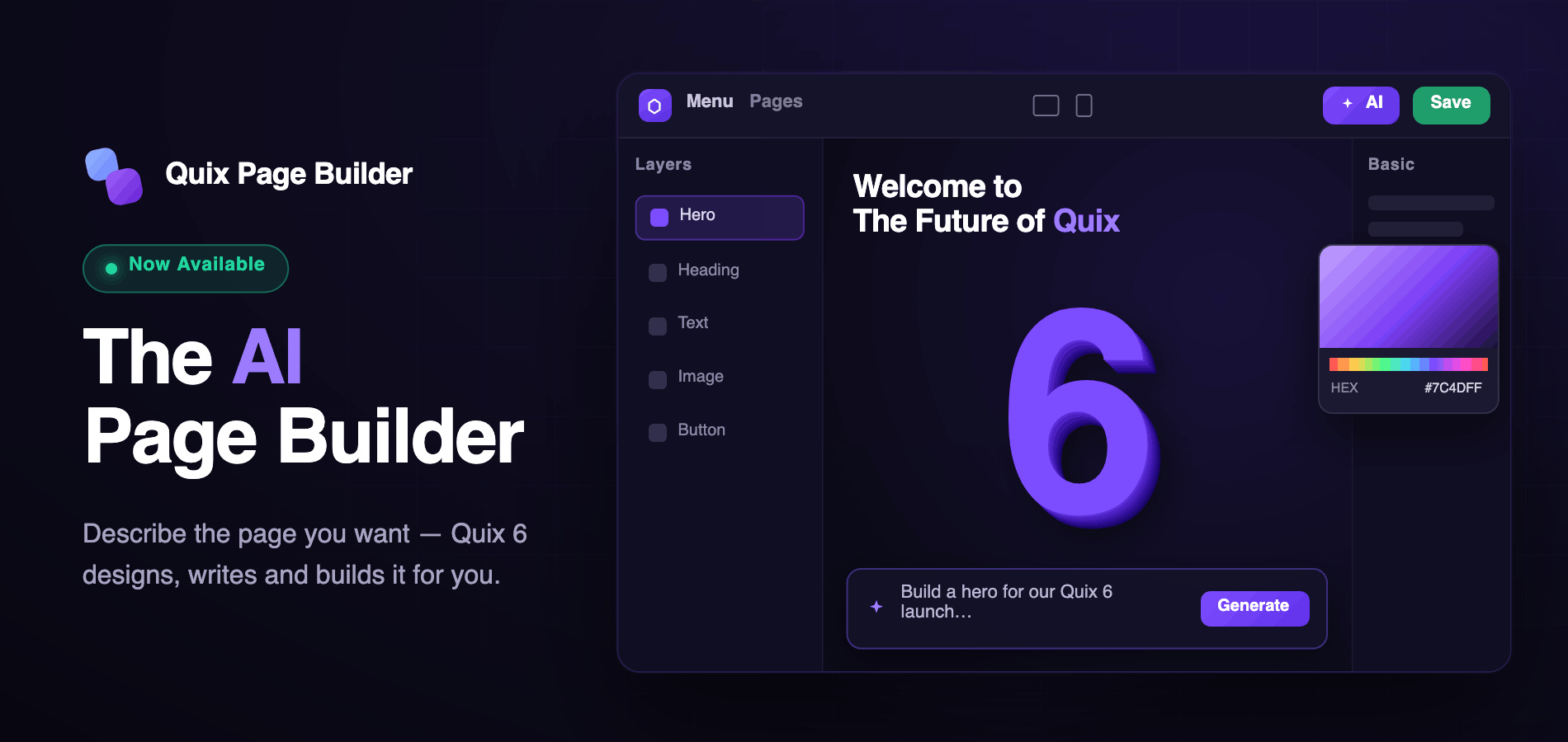 Quix 6 AI page builder interface